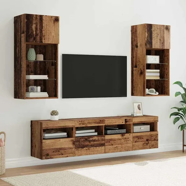 Unités murales TV avec LED 5 pcs Bois Ancien 40,5 x 30 x 90 cm