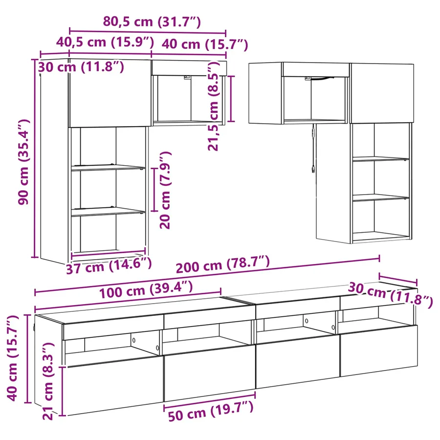 Meubles TV muraux 6 pcs Chêne noir Bois d'ingénierie - 15
