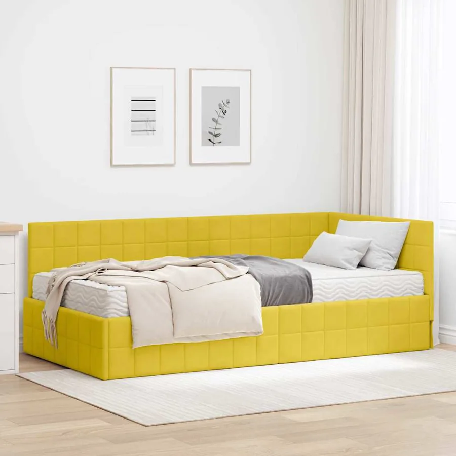Cadre de lit d'angle avec matelas 2 pcs Jaune Velours