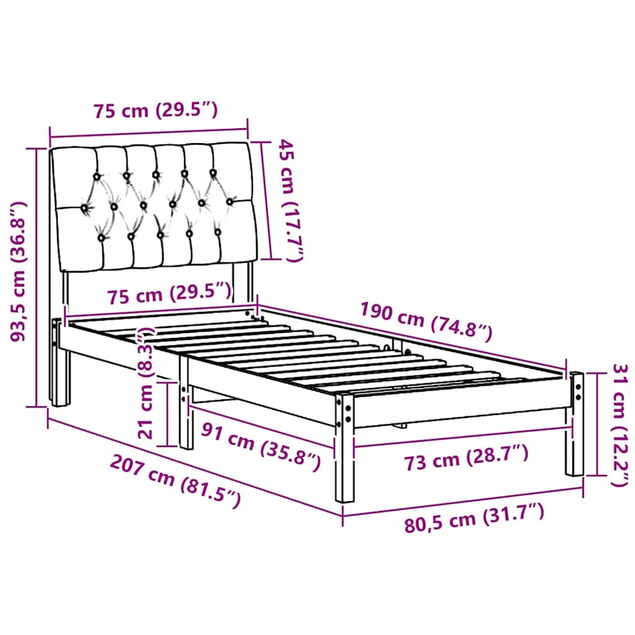 Cadre de lit avec tête de lit rembourrée Marron 75 x 190 cm - 11