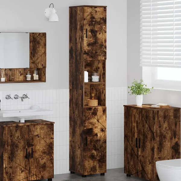 Cabinet de salle de bain avec porte Chêne fumé 30 x 35 x 192 cm