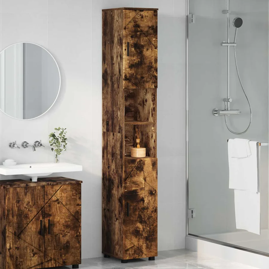 Cabinet de salle de bain avec porte Chêne fumé 30 x 35 x 192 cm - 4
