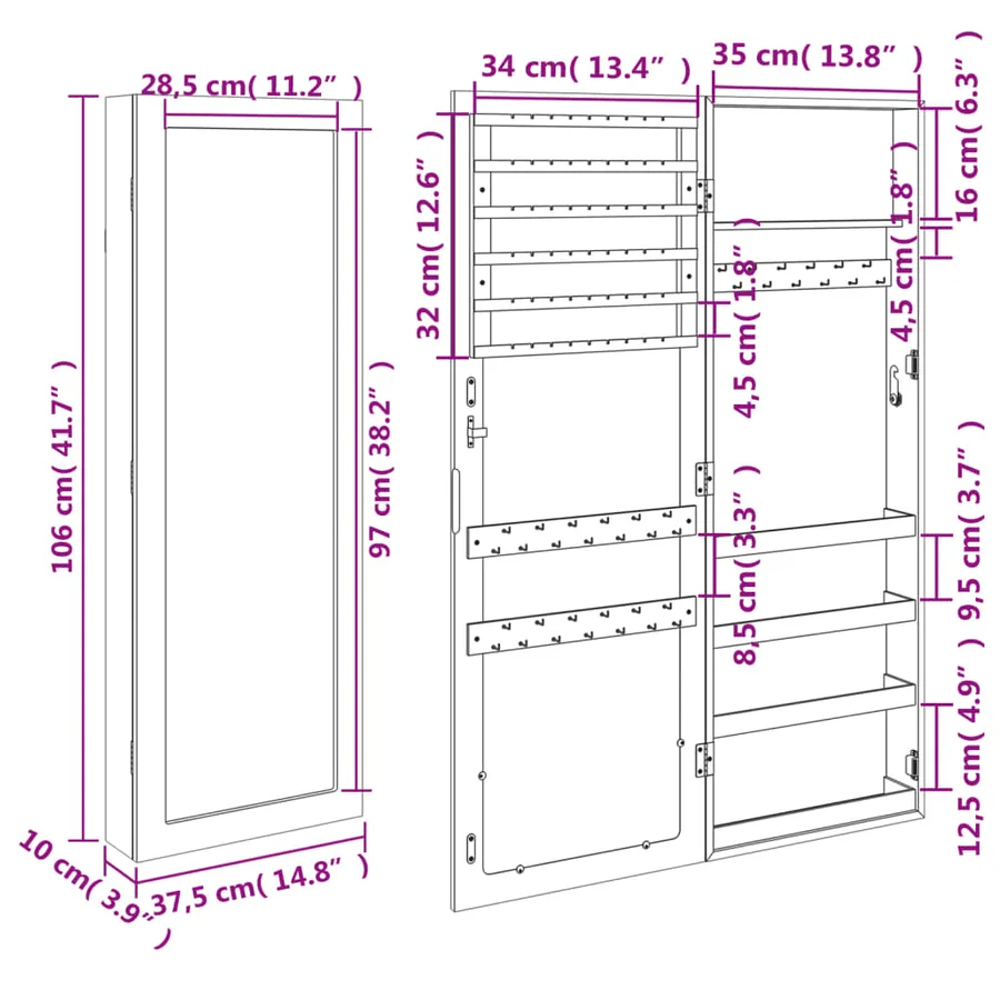 Armoire à bijoux avec miroir murale 37,5x10x106 cm - 11