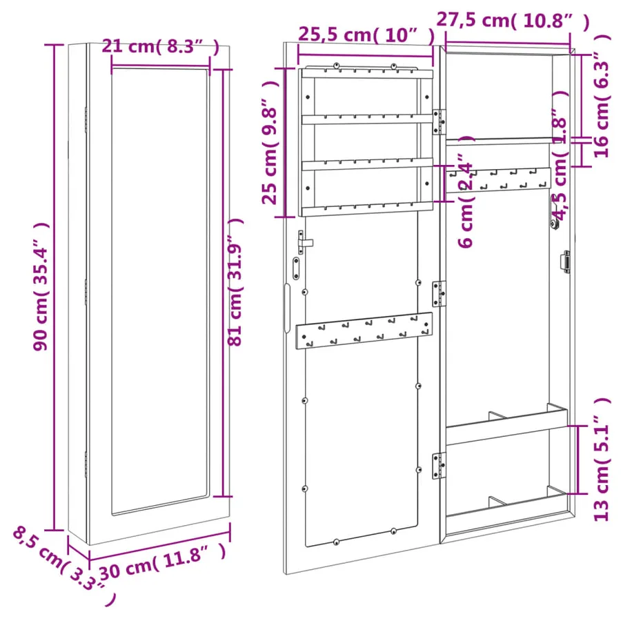 Armoire à bijoux avec miroir murale noir 30x8,5x90 cm - 11