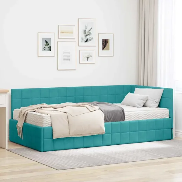 Cadre de lit d'angle avec matelas 2 pcs Turquoise Velours