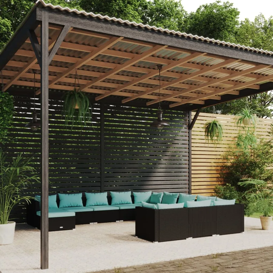 Salon de jardin 12 pcs avec coussins Résine tressée Noir