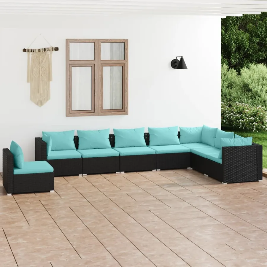 Salon de jardin 8 pcs avec coussins Résine tressée Noir