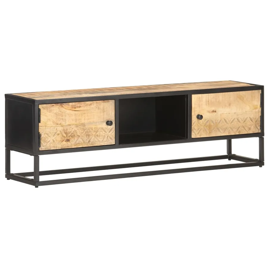 Meuble TV avec porte sculptée 130x30x40cm Bois de manguier brut - 10