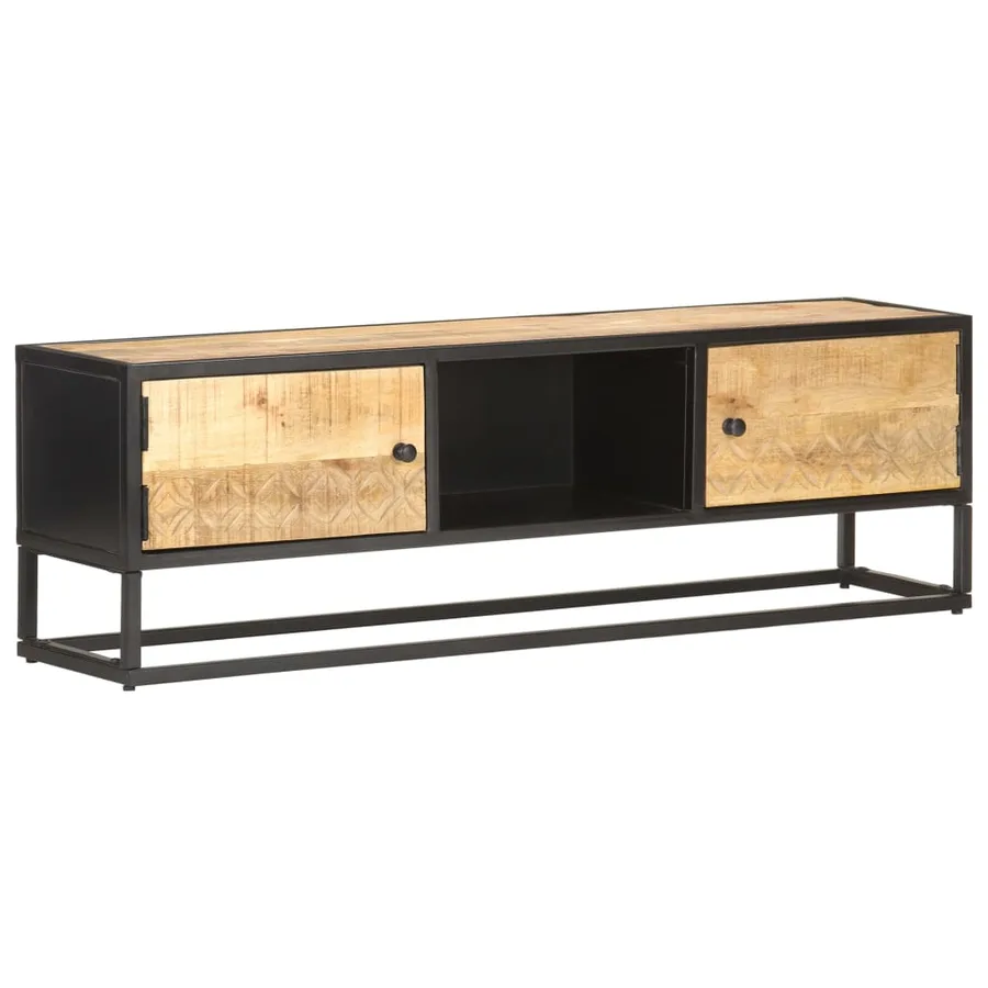 Meuble TV avec porte sculptée 130x30x40cm Bois de manguier brut - 8
