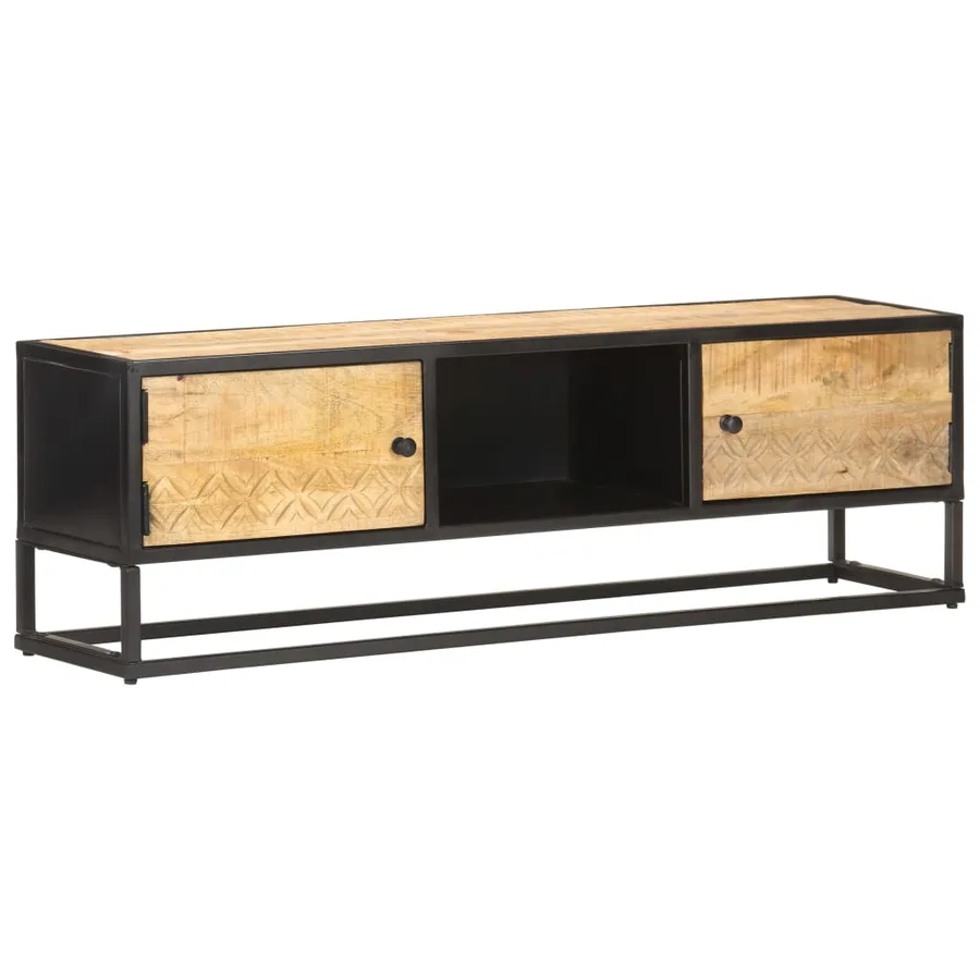 Meuble TV avec porte sculptée 130x30x40cm Bois de manguier brut - 9
