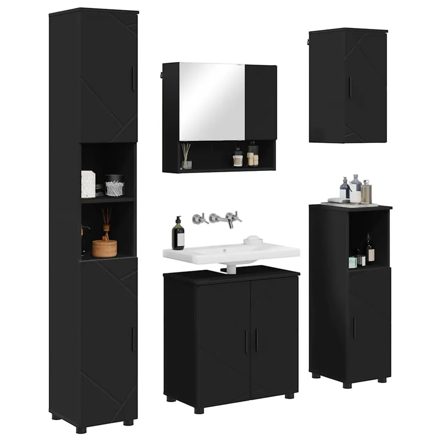 Ensemble de mobilier de salle de bain Montage mural 5 pcs Noir - 3