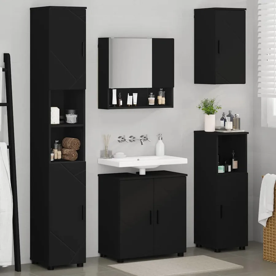 Ensemble de mobilier de salle de bain Montage mural 5 pcs Noir - 4