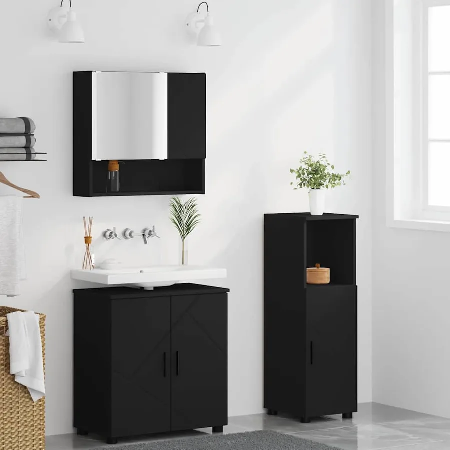 Ensemble de mobilier de salle de bain Montage mural 3 pcs Noir - 4