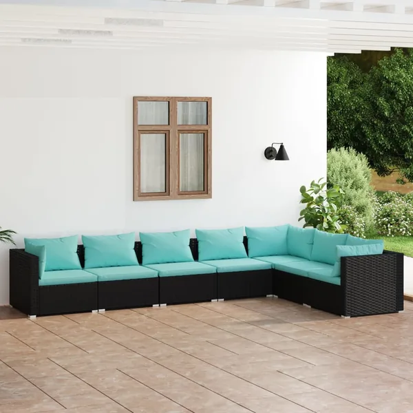Salon de jardin 7 pcs avec coussins Résine tressée Noir