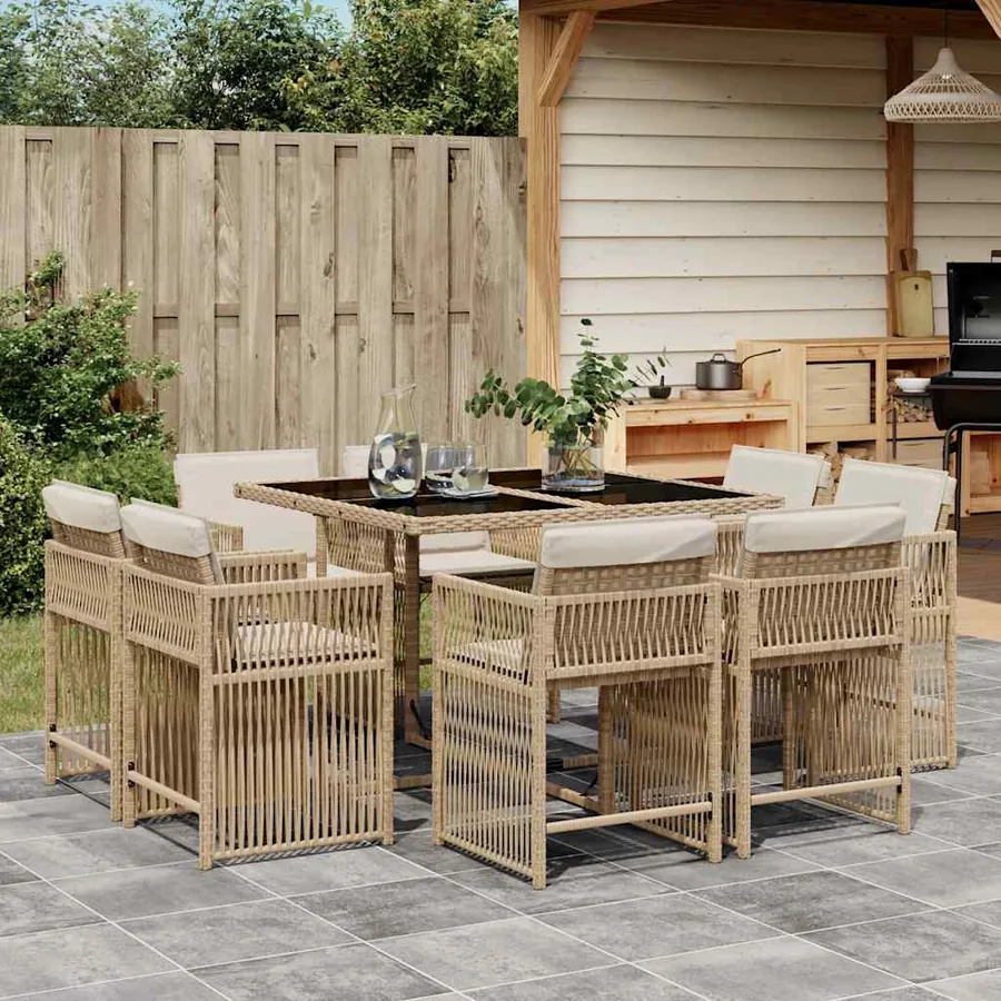 Ensemble à manger de jardin et coussins 9 pcs beige Poly rotin