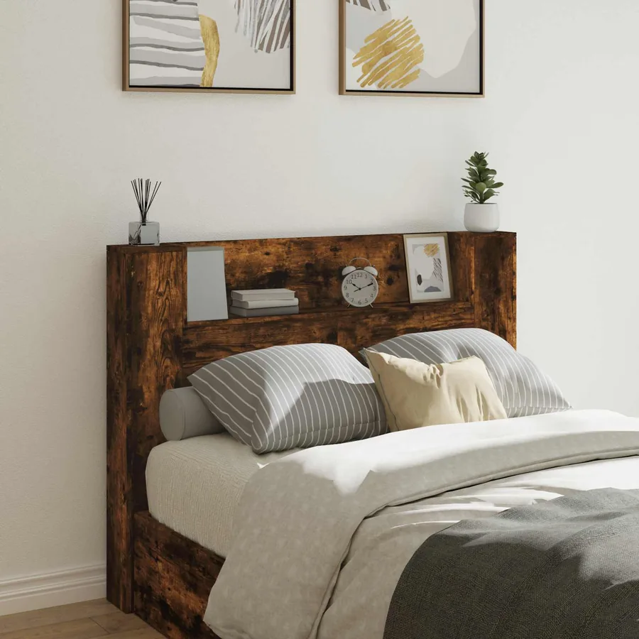Tête de lit de rangement avec LED Chêne fumé Bois d'ingénierie