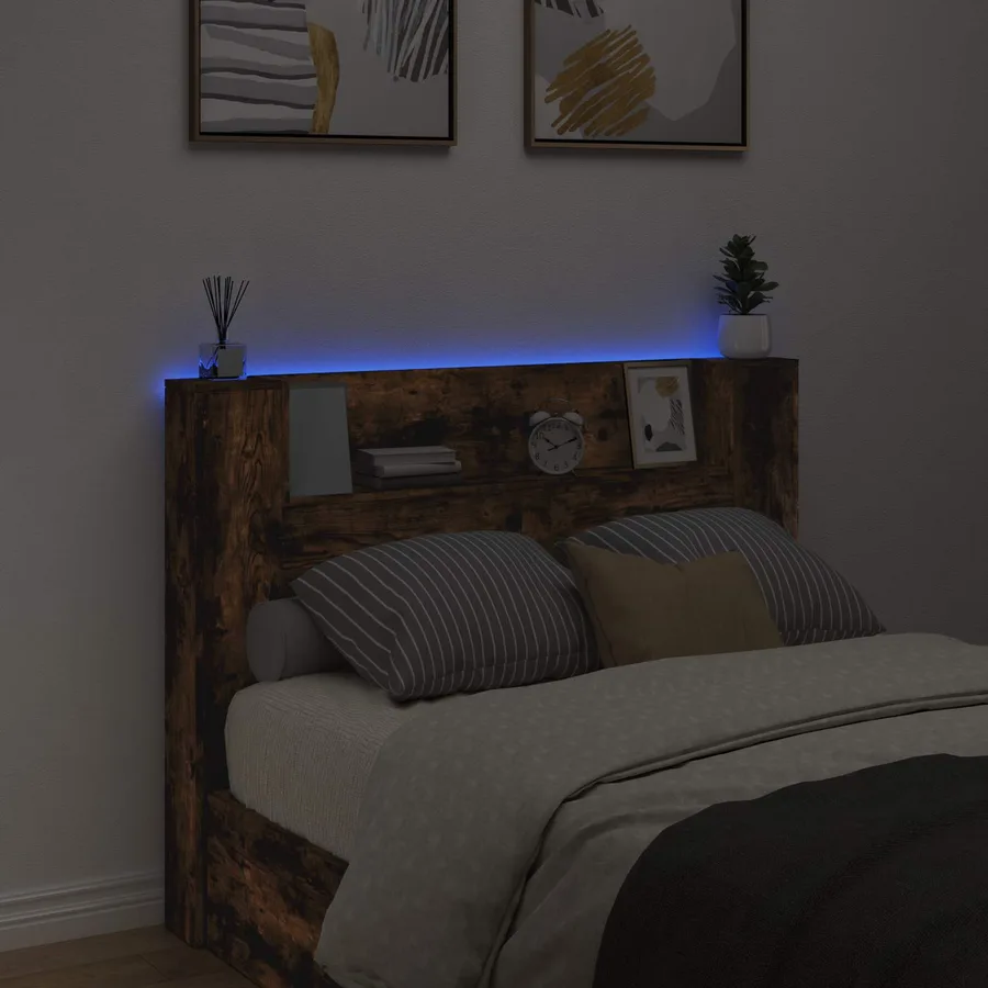 Tête de lit de rangement avec LED Chêne fumé Bois d'ingénierie - 4