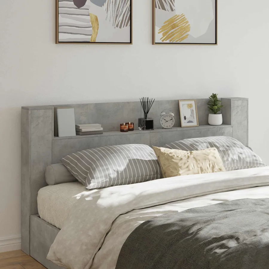 Tête de lit de rangement avec LED Gris béton Bois d'ingénierie