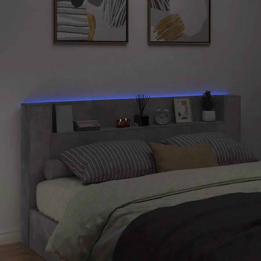 Tête de lit de rangement avec LED Gris béton Bois d'ingénierie - 4