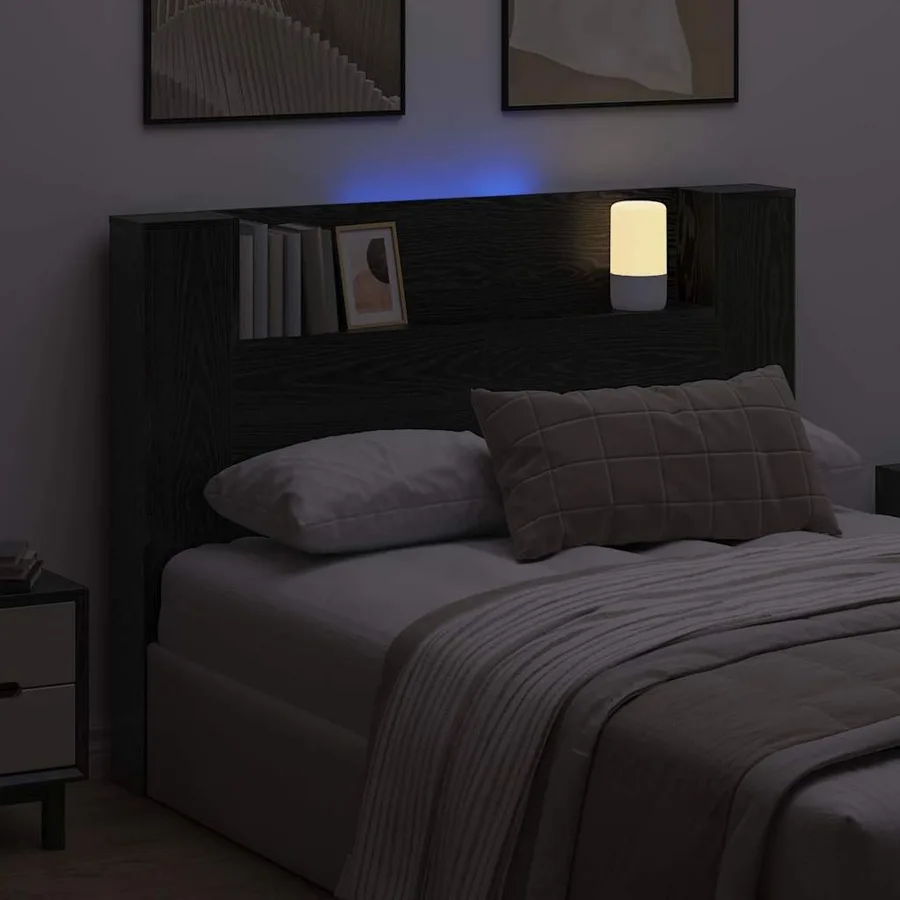 Tête de lit de rangement avec LED Chêne noir Bois d'ingénierie - 4