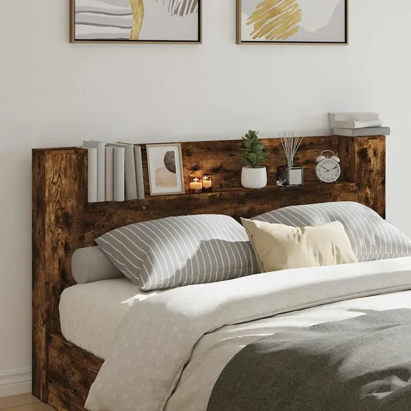 Tête de lit de rangement avec LED Chêne fumé Bois d'ingénierie