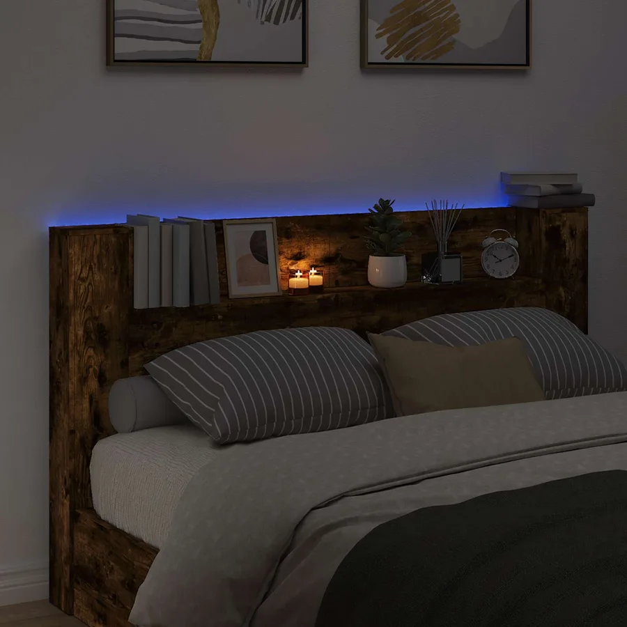 Tête de lit de rangement avec LED Chêne fumé Bois d'ingénierie - 4