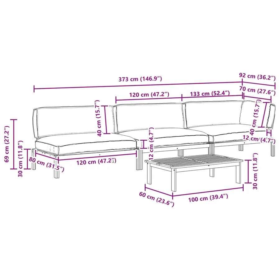 Ensemble de Canapés Uni 4 pcs Gris Bois d'Acacia Massif - 19