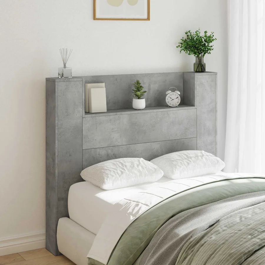 Tête de lit de rangement avec LED Gris béton Bois d'ingénierie
