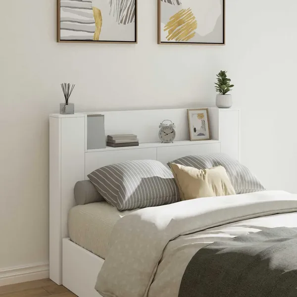 Tête de lit de rangement avec LED Blanc Bois d'ingénierie