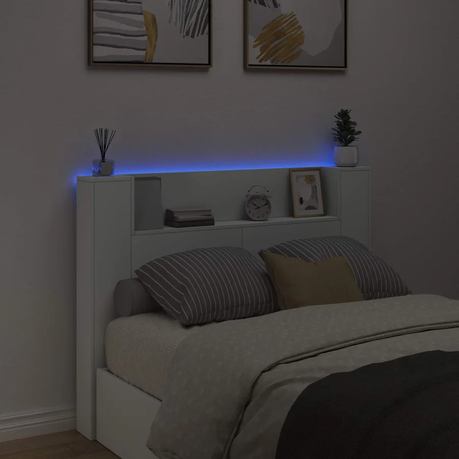 Tête de lit de rangement avec LED Blanc Bois d'ingénierie - 4