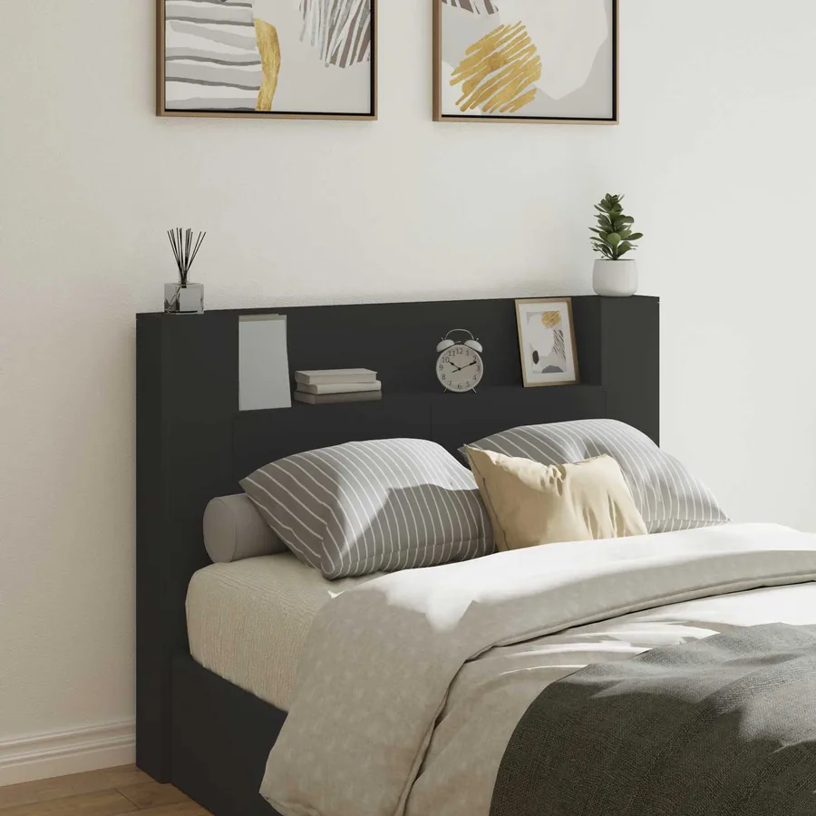 Tête de lit de rangement avec LED Noir Bois d'ingénierie
