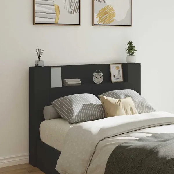 Tête de lit de rangement avec LED Noir Bois d'ingénierie