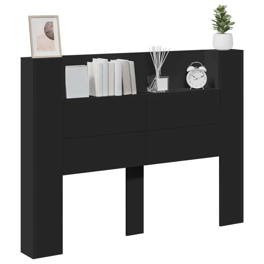 Tête de lit de rangement avec LED Noir Bois d'ingénierie - 3