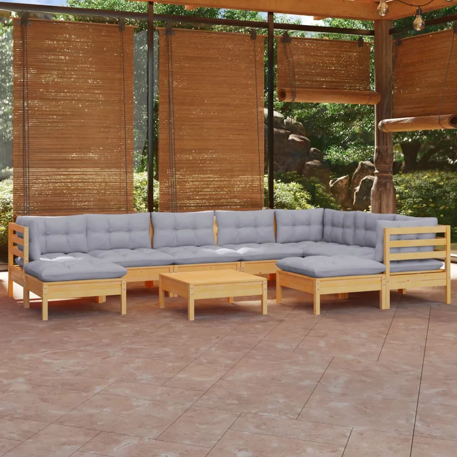 Salon de jardin 10 pcs avec coussins gris bois de pin massif