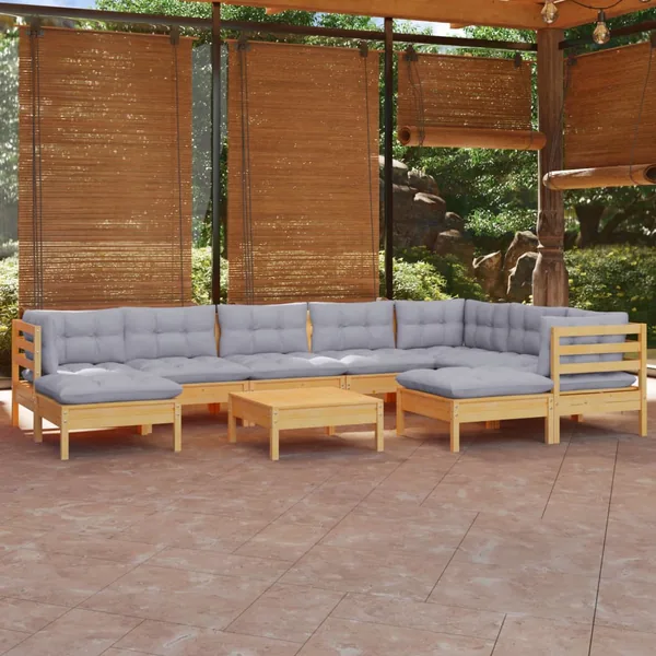 Salon de jardin 10 pcs avec coussins gris bois de pin massif