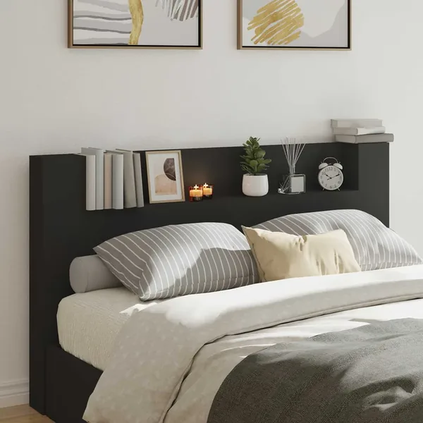 Tête de lit de rangement avec LED Noir Bois d'ingénierie