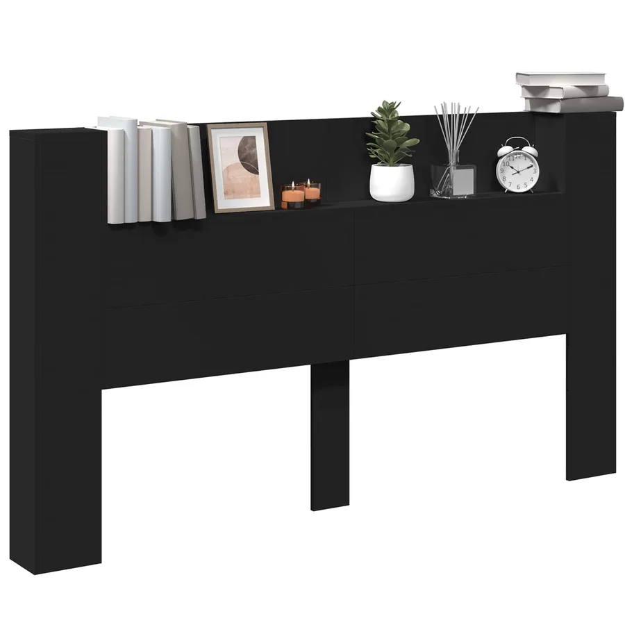 Tête de lit de rangement avec LED Noir Bois d'ingénierie - 3