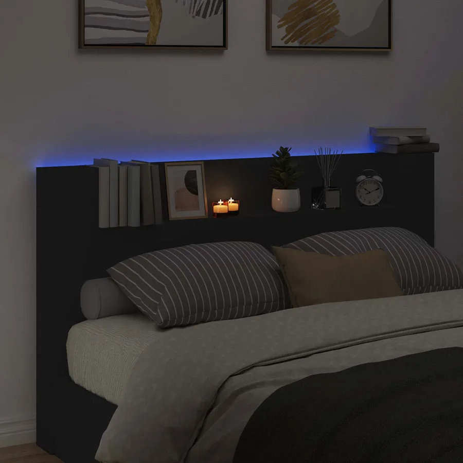 Tête de lit de rangement avec LED Noir Bois d'ingénierie - 4