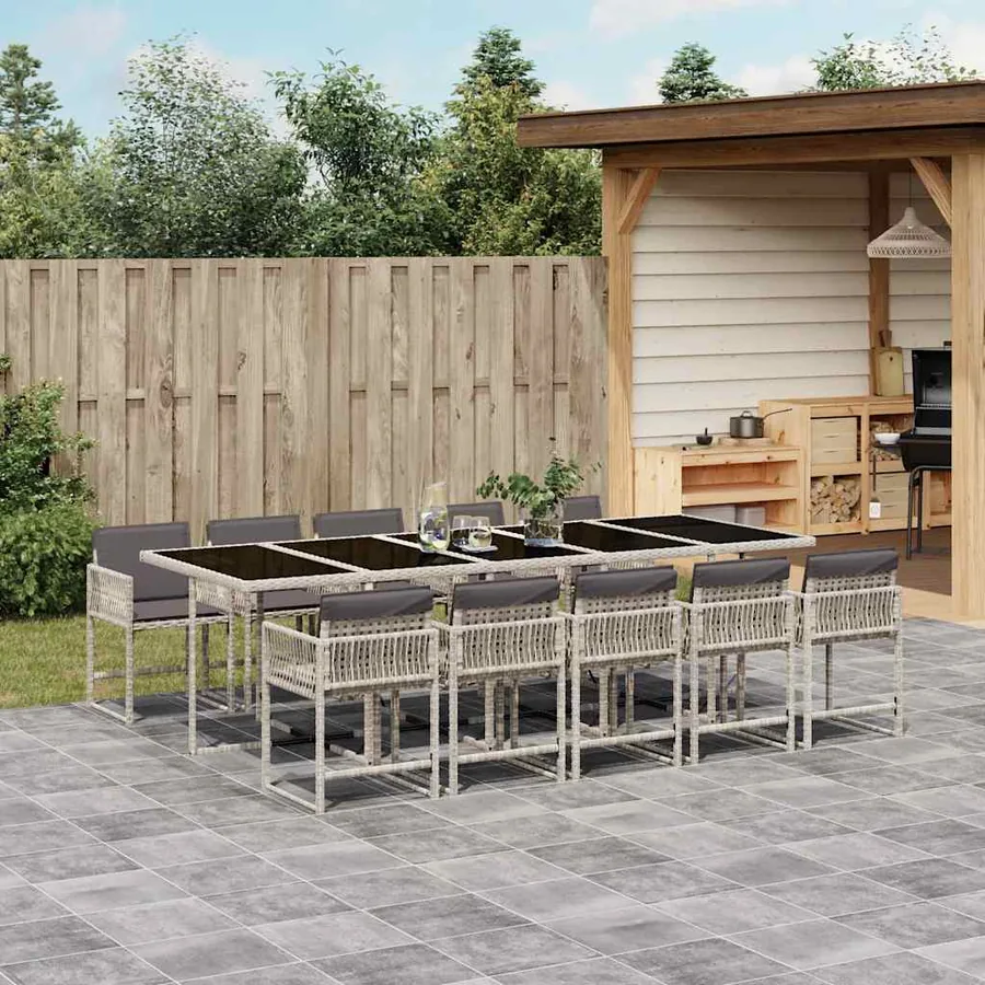 Ensemble à manger de jardin 11pcs avec coussins gris poly rotin