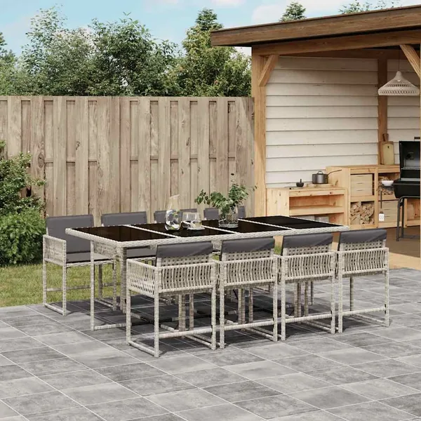 Ensemble à manger de jardin et coussins 9 pcs gris clair rotin