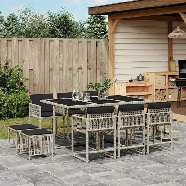 Ensemble à manger de jardin 11pcs avec coussins gris poly rotin
