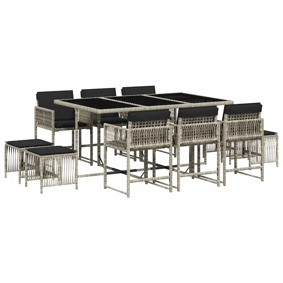 Ensemble à manger de jardin 11pcs avec coussins gris poly rotin - 2