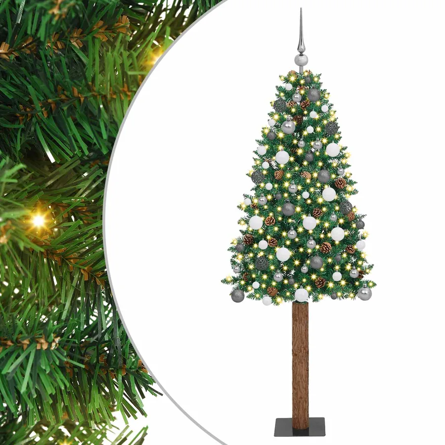Sapin de Noël mince Vert 210 cm PVC et bois de pin massif