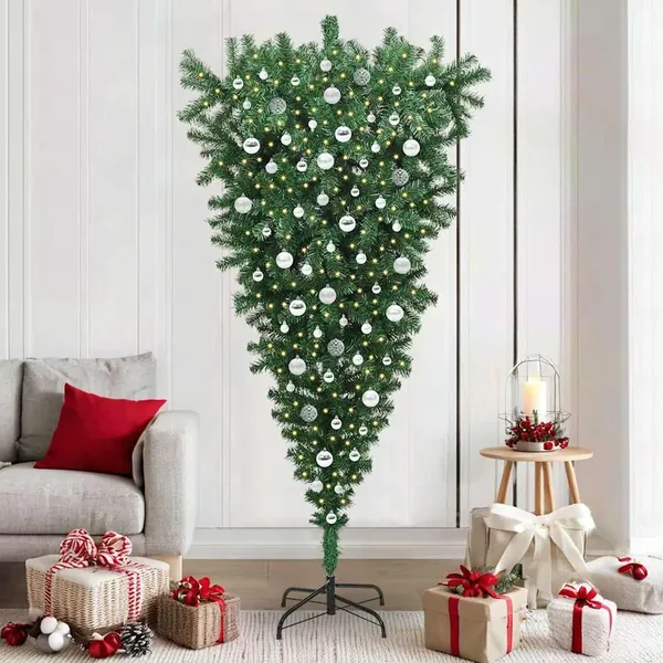 Sapin de Noël artificiel pré-éclairé à l'envers avec ensemble de boules