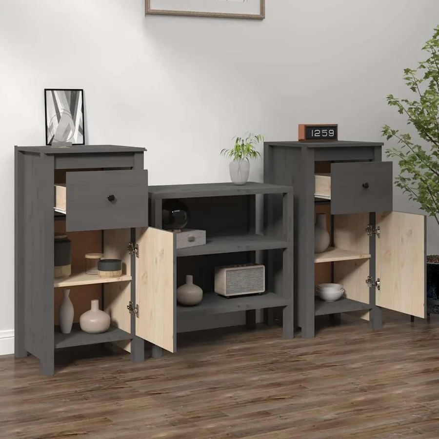Buffets 2 pcs gris 40x35x80 cm bois massif de pin - 3