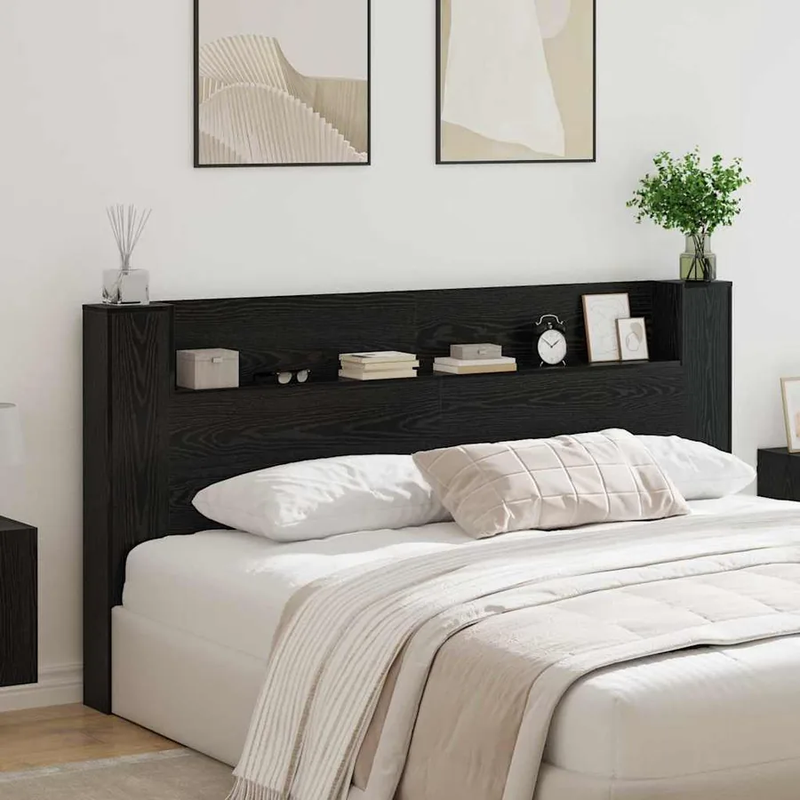 Tête de lit de rangement avec LED Chêne noir Bois d'ingénierie