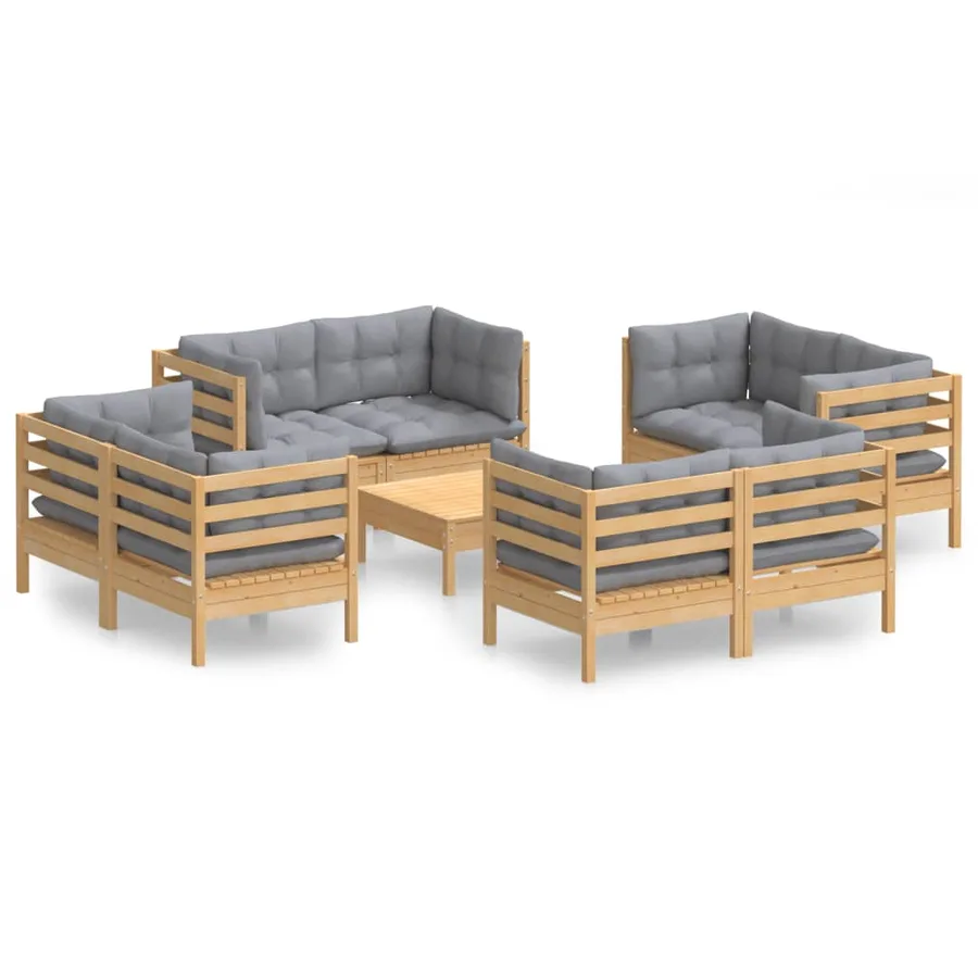 Salon de jardin 9 pcs avec coussins gris bois de pin - 2