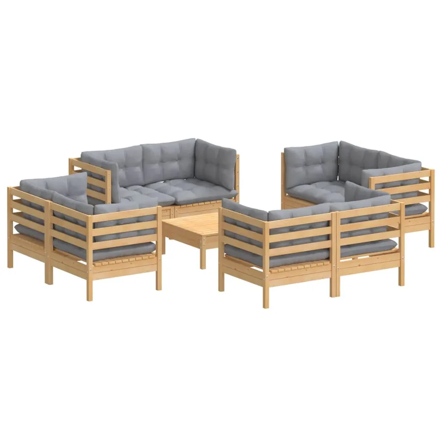 Salon de jardin 9 pcs avec coussins gris bois de pin - 3