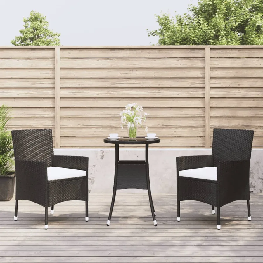 Ensemble de bistro de jardin 3 pcs coussins noir poly rotin