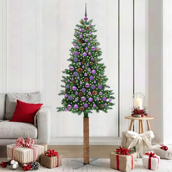Sapin de Noël mince Vert 210 cm PVC et bois de pin massif